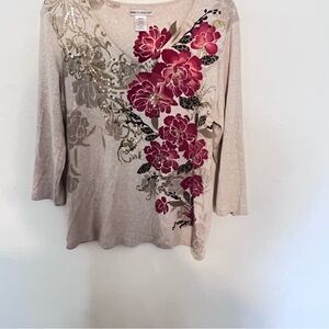 Rebecca Malone Beige Floral Blouse with Red Accents